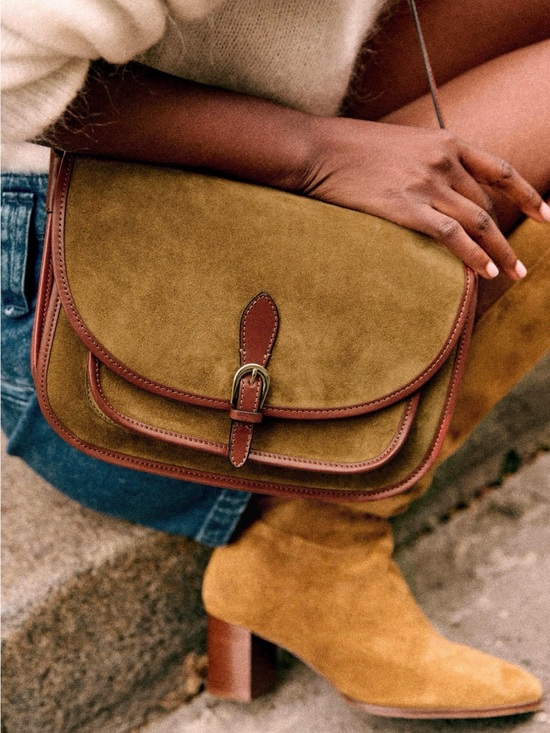 Sezane Handbags - Sezane Olive Suede Crossbody with Brown Leather Trim
